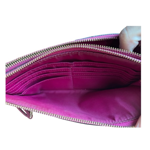Coach Brown Signature Wristlet with Pink Trim and Gold Plaque - Picture 6 of 7